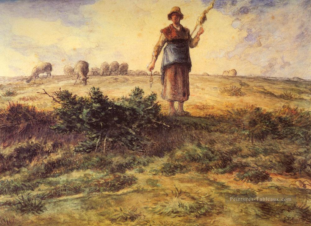Une bergère et son troupeau Barbizon naturalisme réalisme agriculteurs Millet Peintures à l'huile